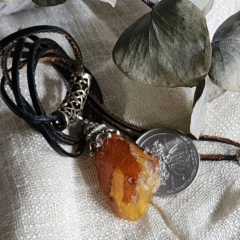Amber Jewelry Boho Tribal Talisman AMBER NUGGET PENDANT Genuine Leather Cord